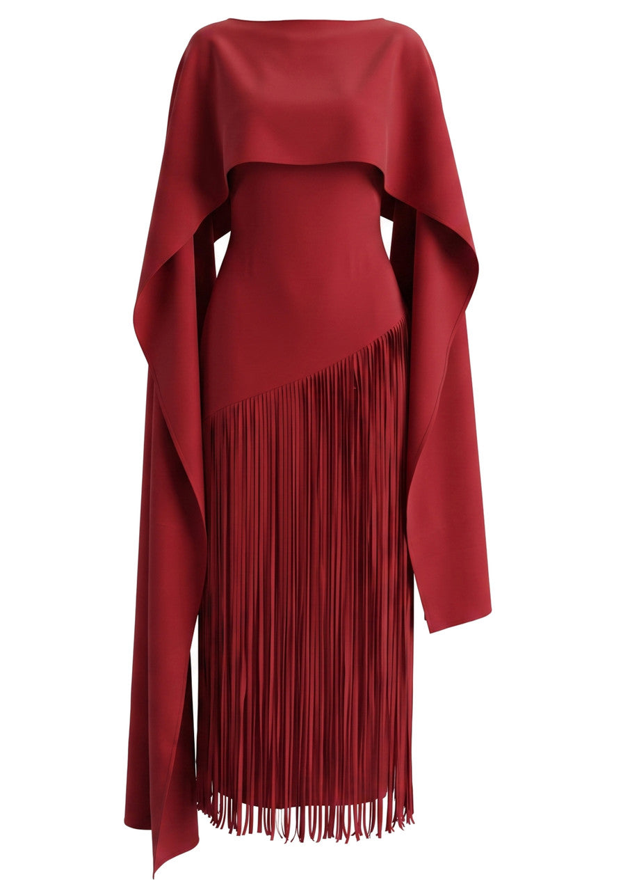 Grecia's Boutique Cape Overlay Tassel Fringe Red Midi Dress