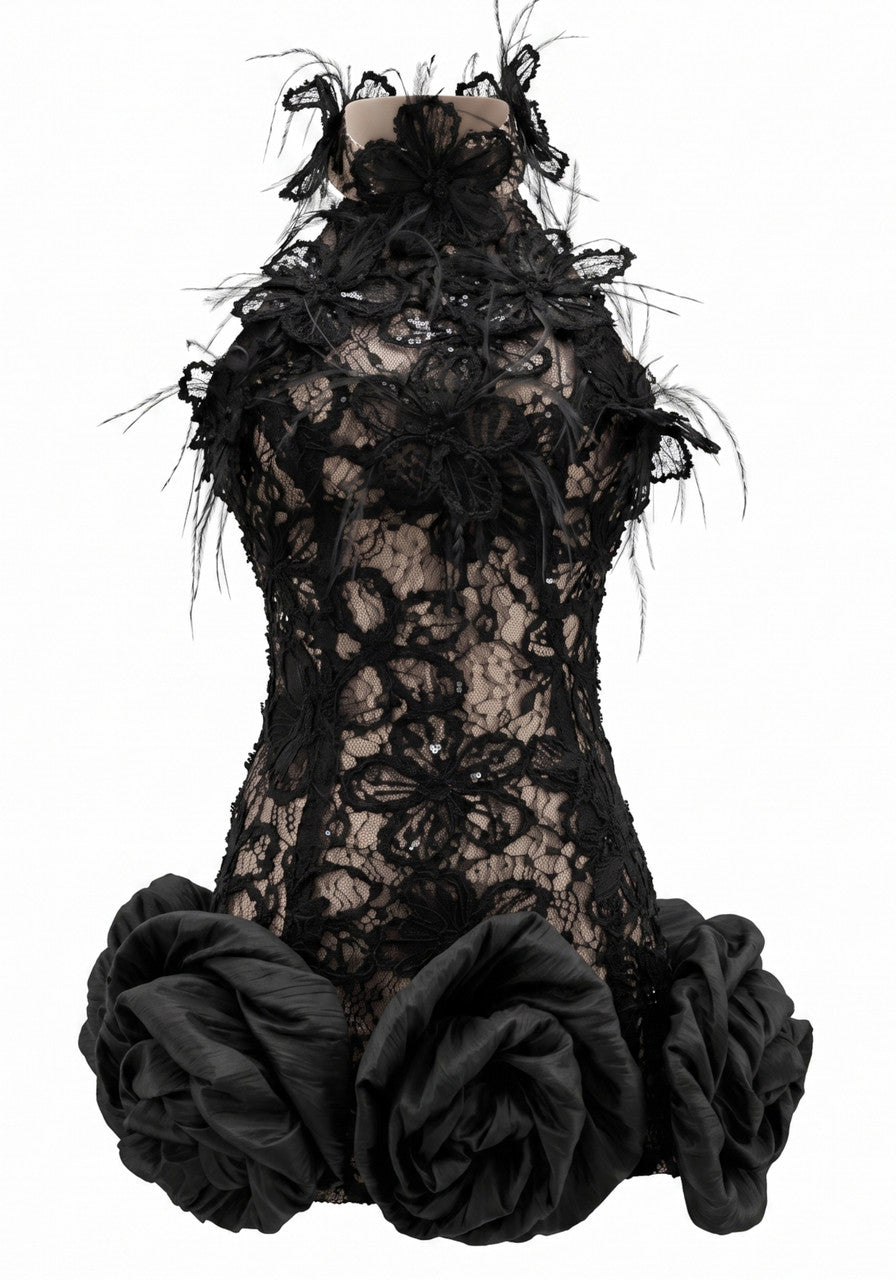 Grecia's Boutique High Neck Floral Lace Black Mini Dress