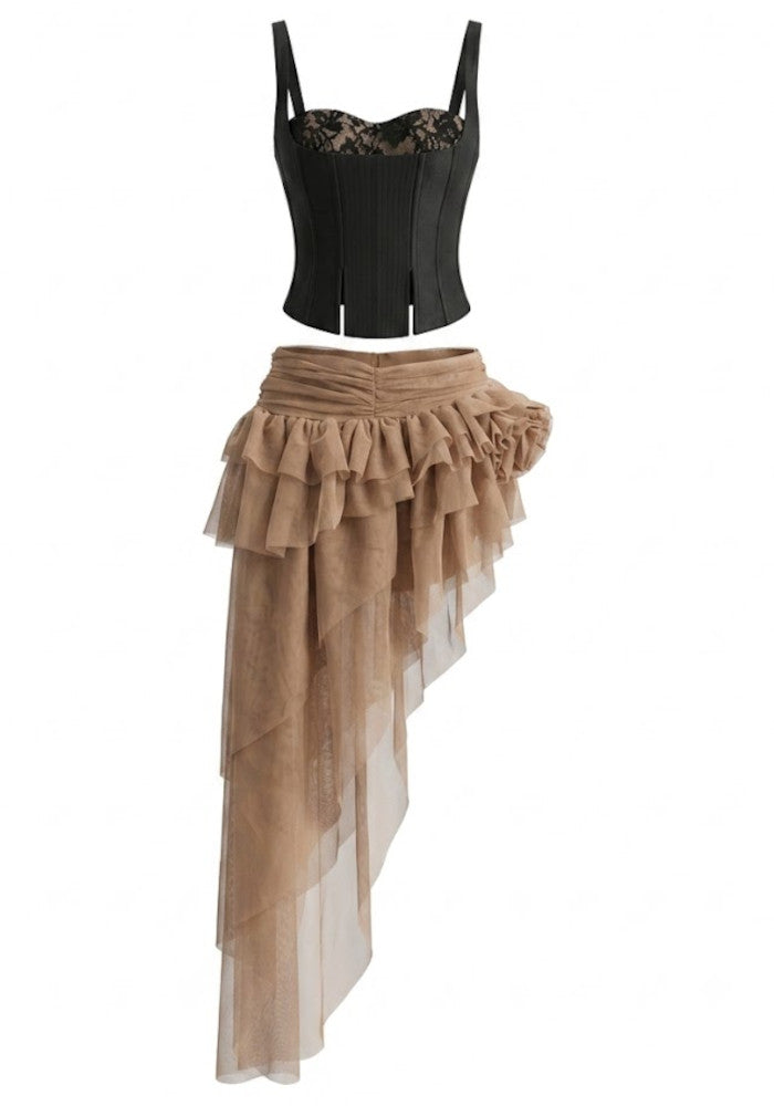 Grecia's Boutique Lace Corset Top Mesh Ruffle Black Brown Skirt Set