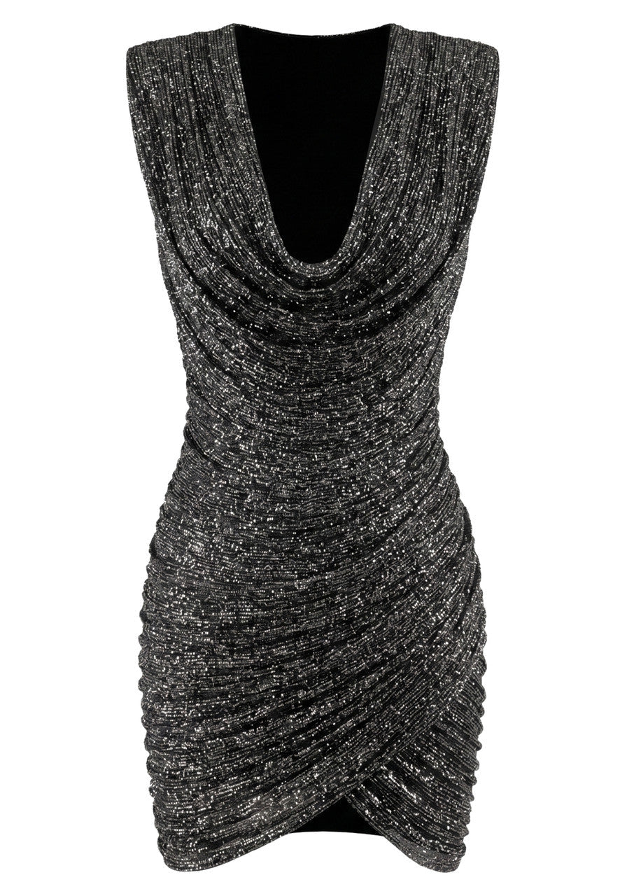 Grecia's Boutique Cowl Neck Sparkly Black Wrap Mini Dress