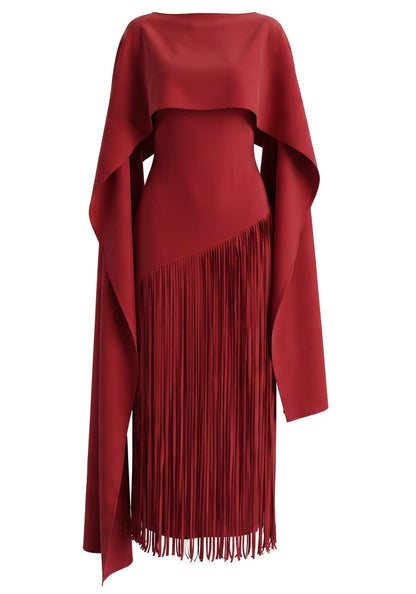 Grecia's Boutique Cape Overlay Tassel Fringe Red Midi Dress