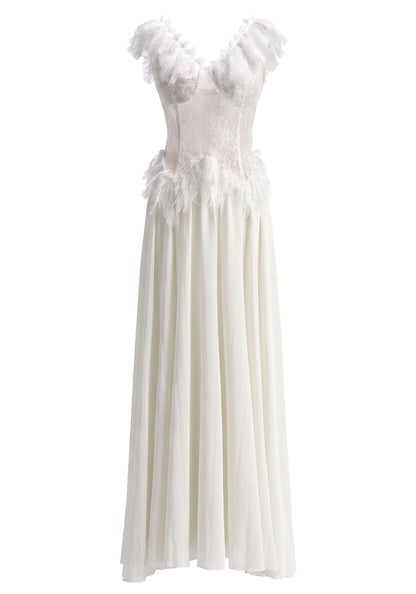 Grecia's Boutique V-Neck Feather Trim Lace White A-Line Maxi Dress