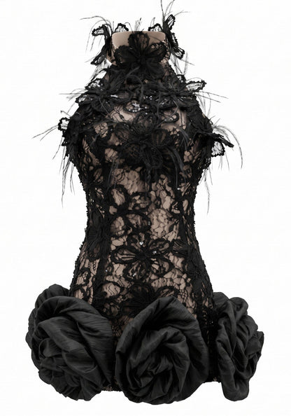 Grecia's Boutique High Neck Floral Lace Black Mini Dress