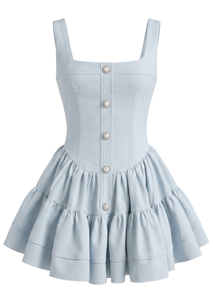 Grecia's Boutique Square Neck Button Front Blue Tiered Mini Dress