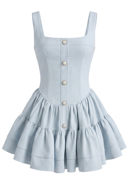 Grecia's Boutique Square Neck Button Front Blue Tiered Mini Dress