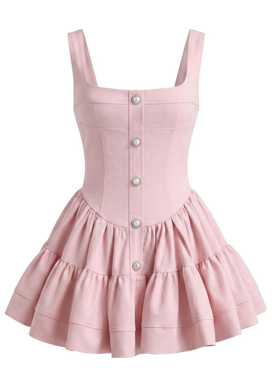 Grecia's Boutique Square Neck Button Front Pink Tiered Mini Dress