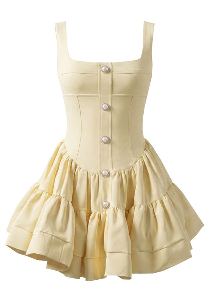Grecia's Boutique Square Neck Button Front Yellow Tiered Mini Dress