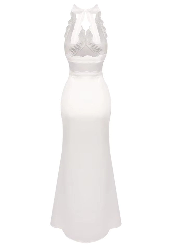 Grecia's Boutique Halter Lace Trim White Satin Maxi Dress