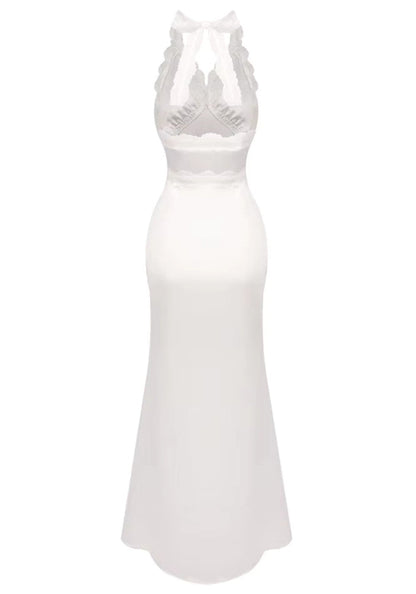 Grecia's Boutique Halter Lace Trim White Satin Maxi Dress