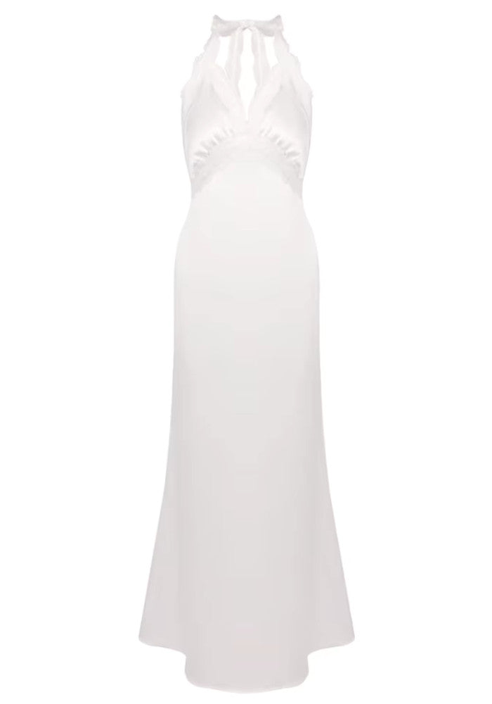 Grecia's Boutique Halter Lace Trim White Satin Maxi Dress