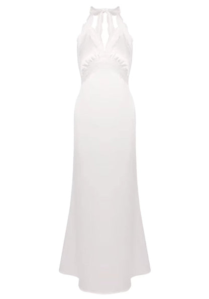 Grecia's Boutique Halter Lace Trim White Satin Maxi Dress