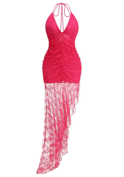Grecia's Boutique V-Neck Sheer Lace Hot Pink Asymmetric Maxi Dress