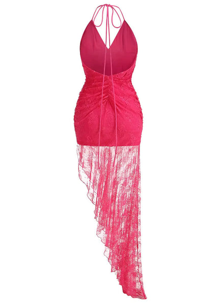 Grecia's Boutique V-Neck Sheer Lace Hot Pink Asymmetric Maxi Dress