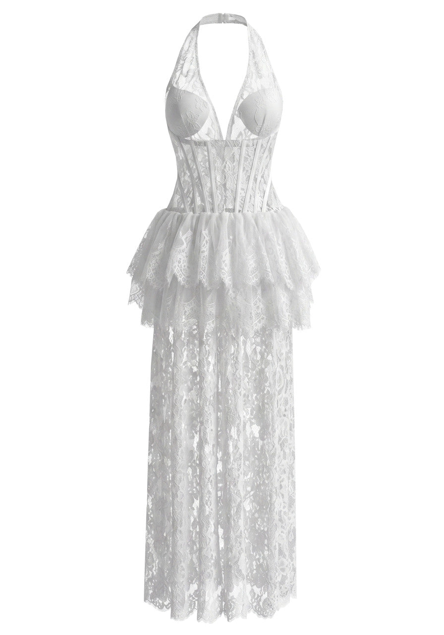 Grecia's Boutique Halter Sheer Lace White Peplum Maxi Dress
