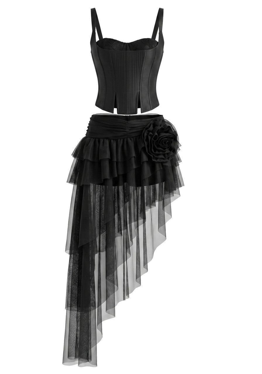 Grecia's Boutique Corset Top Mesh Ruffle Black Two-Piece Skirt Set