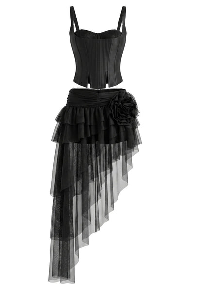 Grecia's Boutique Corset Top Mesh Ruffle Black Two-Piece Skirt Set