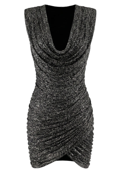 Grecia's Boutique Cowl Neck Sparkly Black Wrap Mini Dress