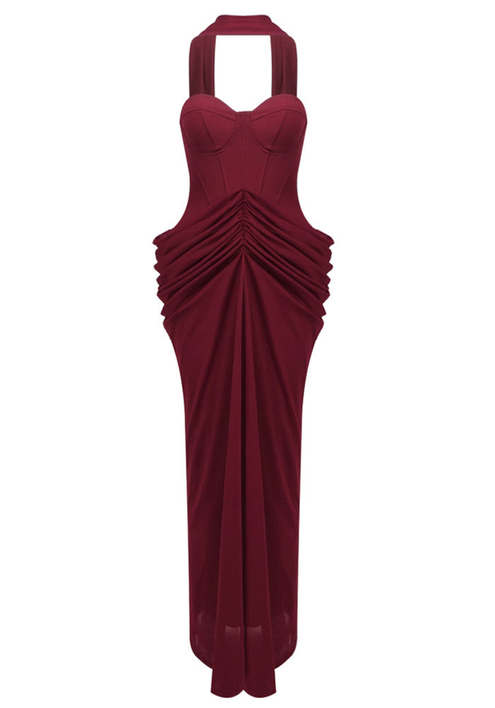 Grecia's Boutique Sweetheart Bustier Ruched Burgundy Maxi Dress