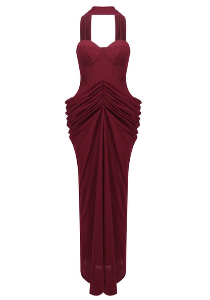 Grecia's Boutique Sweetheart Bustier Ruched Burgundy Maxi Dress
