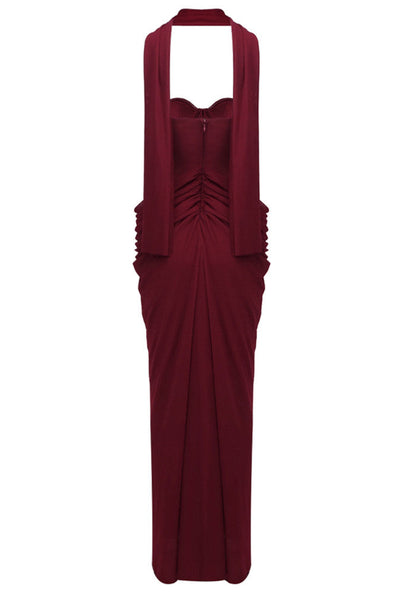 Grecia's Boutique Sweetheart Bustier Ruched Burgundy Maxi Dress