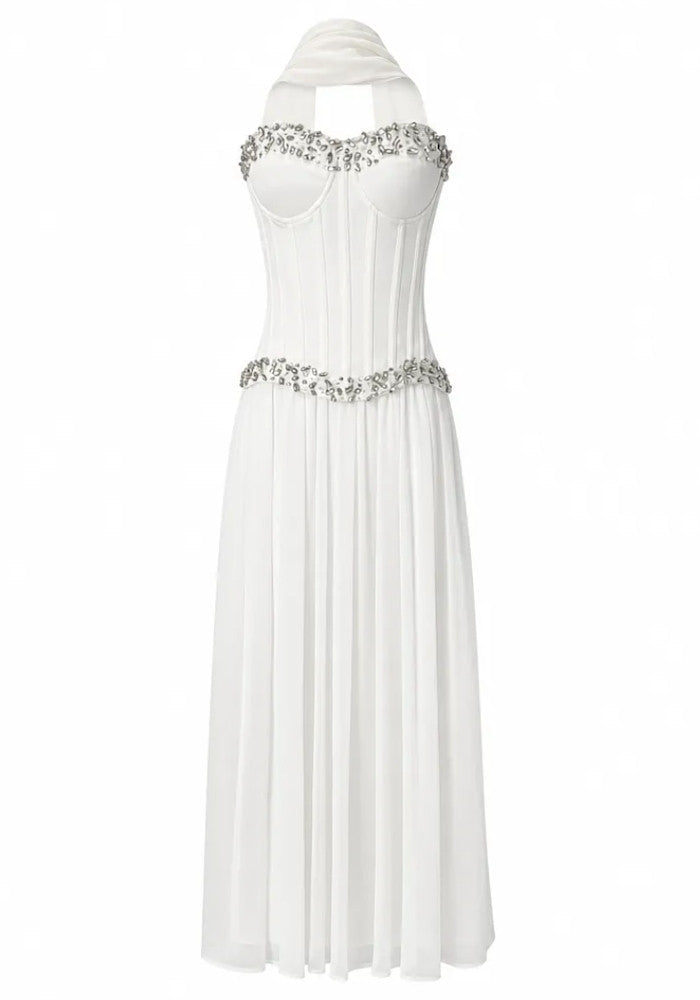 Grecia's Boutique Embellished Bustier White A-Line Maxi Dress