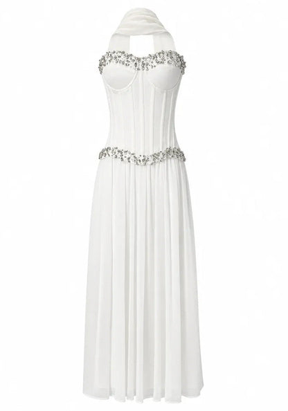 Grecia's Boutique Embellished Bustier White A-Line Maxi Dress