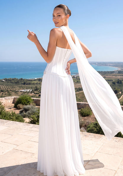 Grecia's Boutique Embellished Bustier White A-Line Maxi Dress
