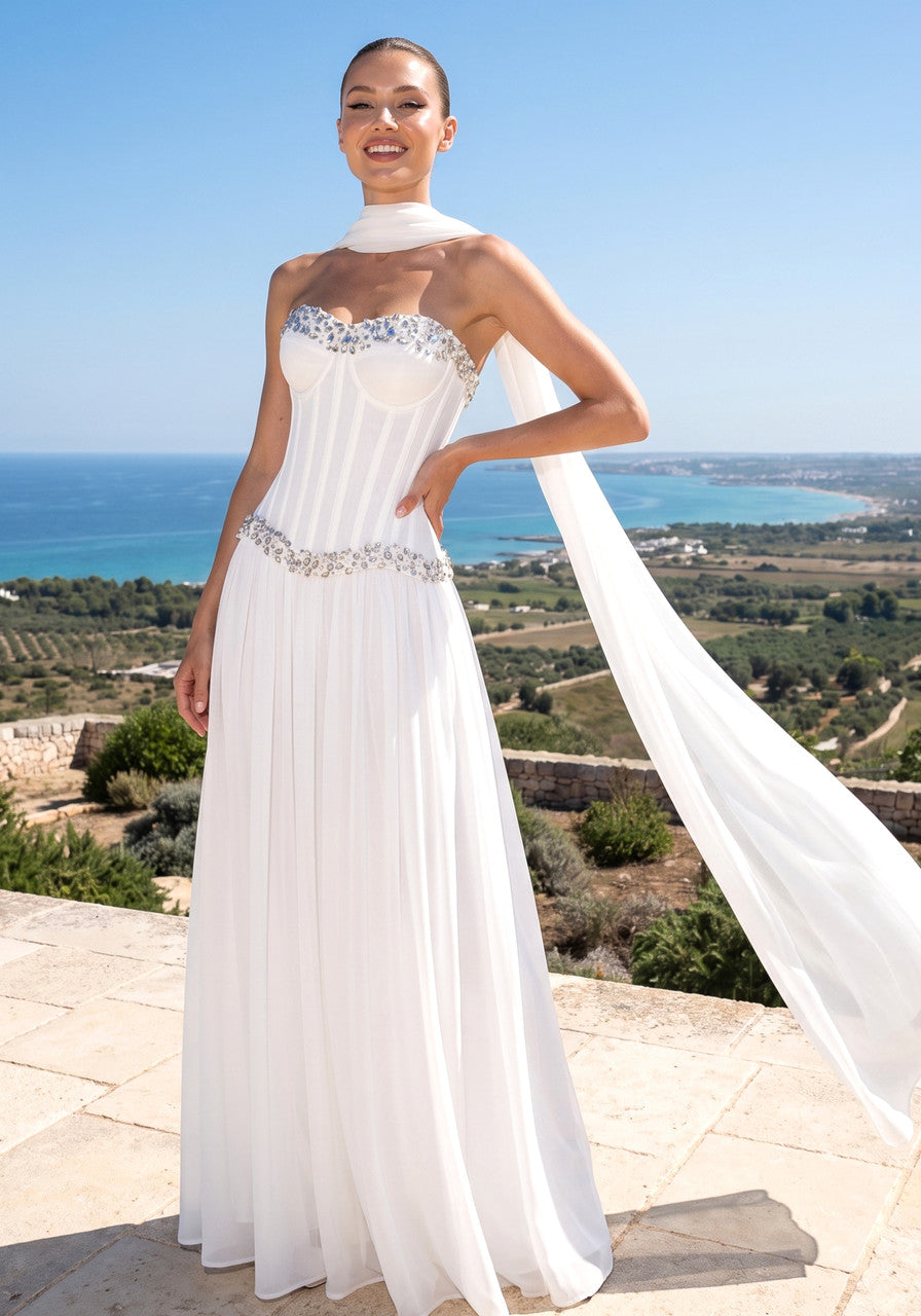 Grecia's Boutique Embellished Bustier White A-Line Maxi Dress