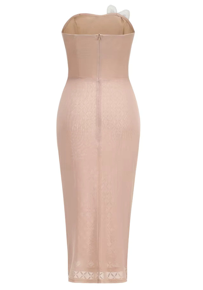 Grecia's Boutique Strapless Floral Applique Nude Bodycon Midi Dress