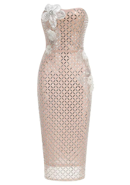 Grecia's Boutique Strapless Floral Applique Nude Bodycon Midi Dress