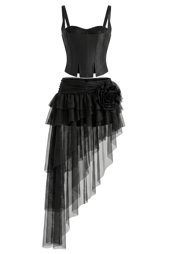 Grecia's Boutique black corset top and mesh ruffle two-piece skirt set, full product view
