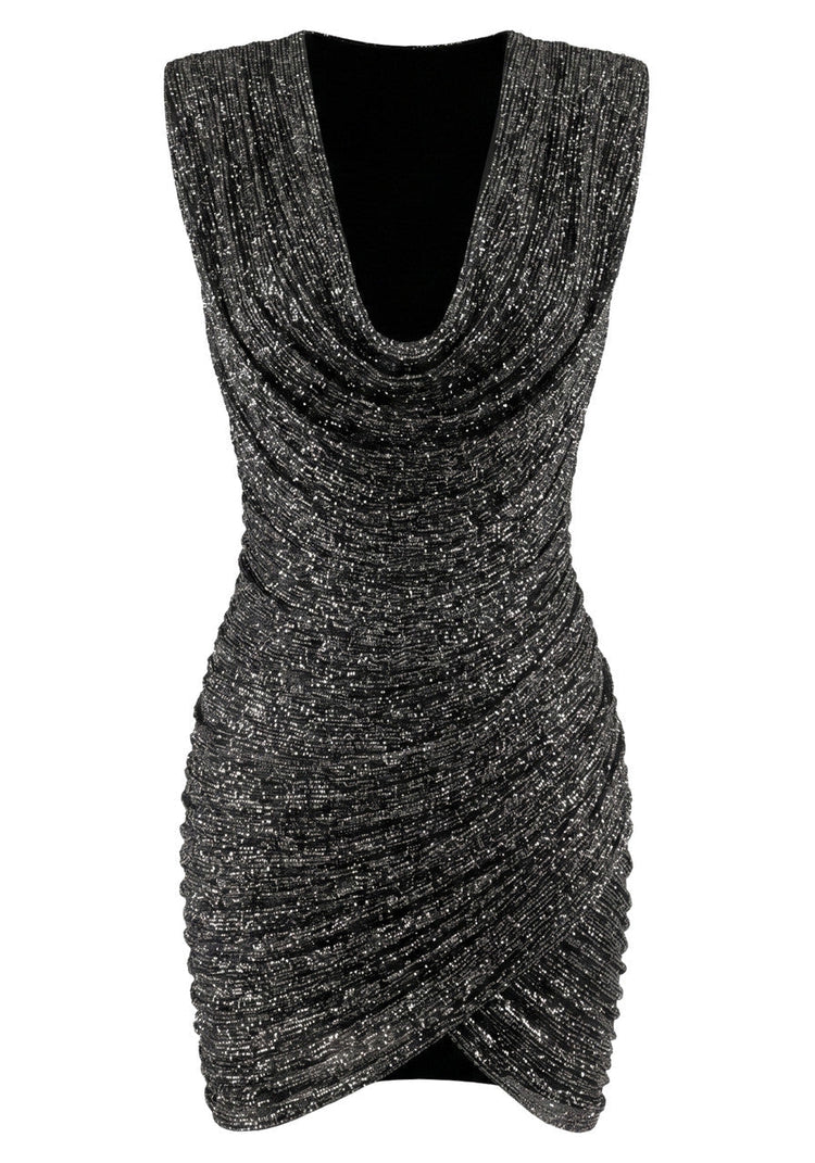 Grecia's Boutique black sparkly cowl neck wrap mini dress, close-up of wrap detail