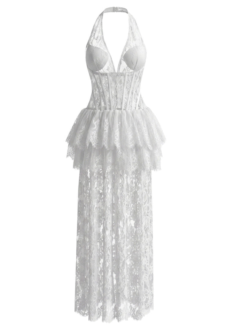 Grecia's Boutique white sheer lace halter peplum maxi dress, full product view