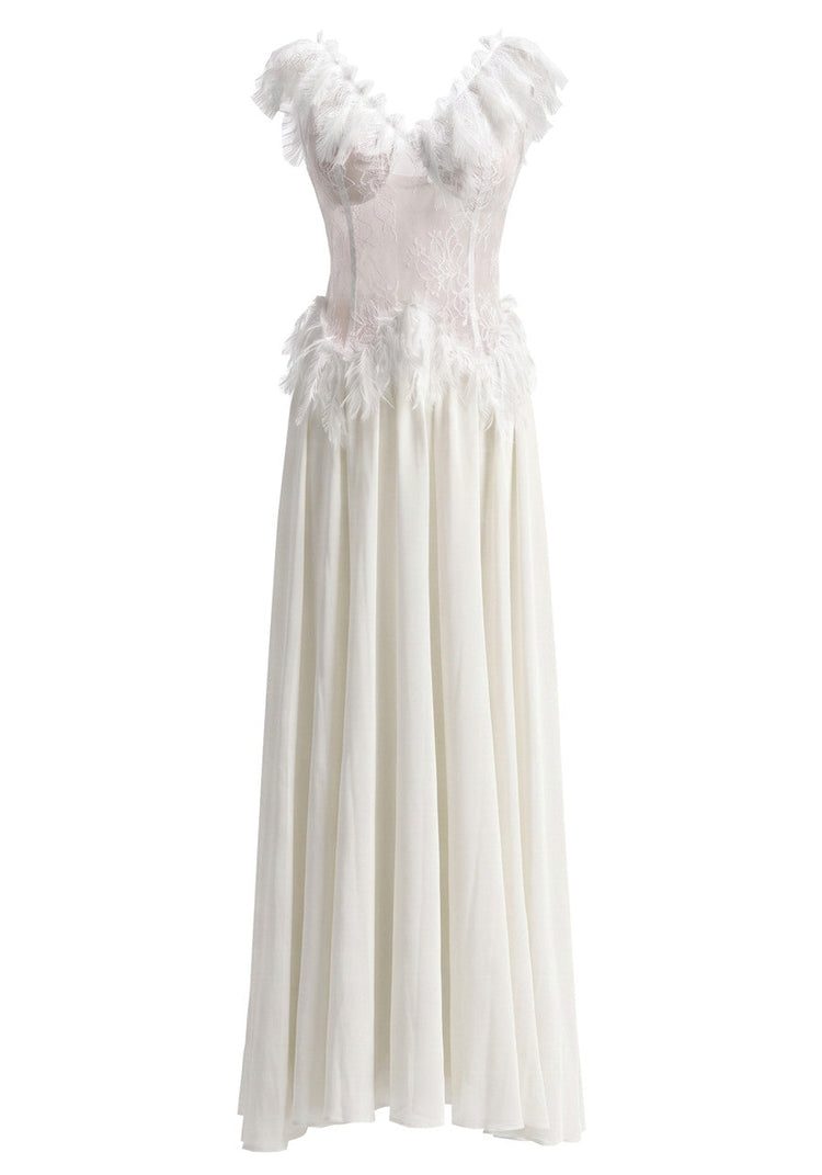 Grecia's Boutique white A-line maxi dress with V-neck and feather trim lace, close-up of neckline detail